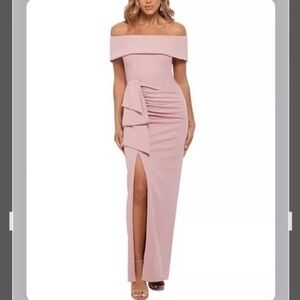 XSCAPE Off-The-Shoulder Ruched Side Bow Scuba Crepe Front Slit Gown in Rose Pink